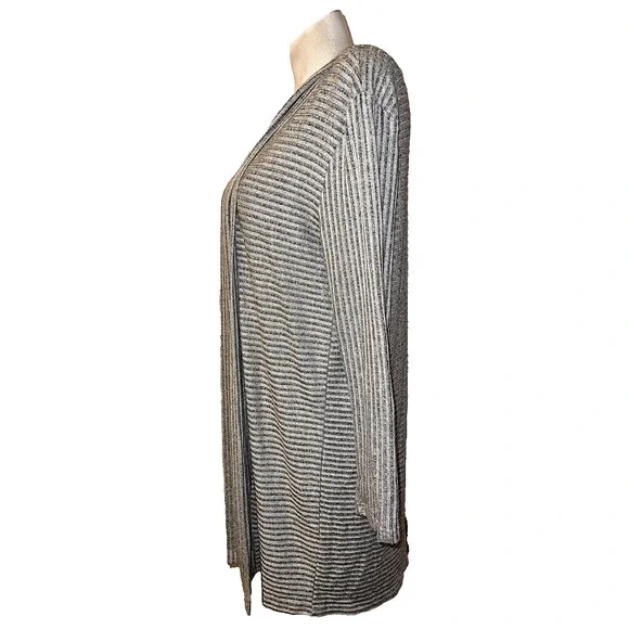 BANANA REPUBLIC Sweater Women's Size M Black Grey Ribbed Stripe Open LS Cardigan - Picture 4 of 6